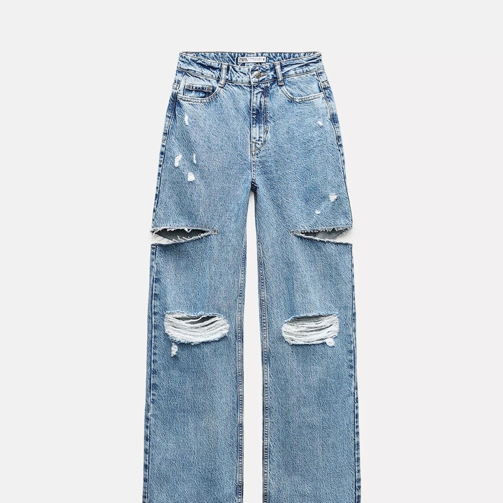 ZARA MID WAIST RIPPED CUT OUT STRAIGHT LEG JEANS